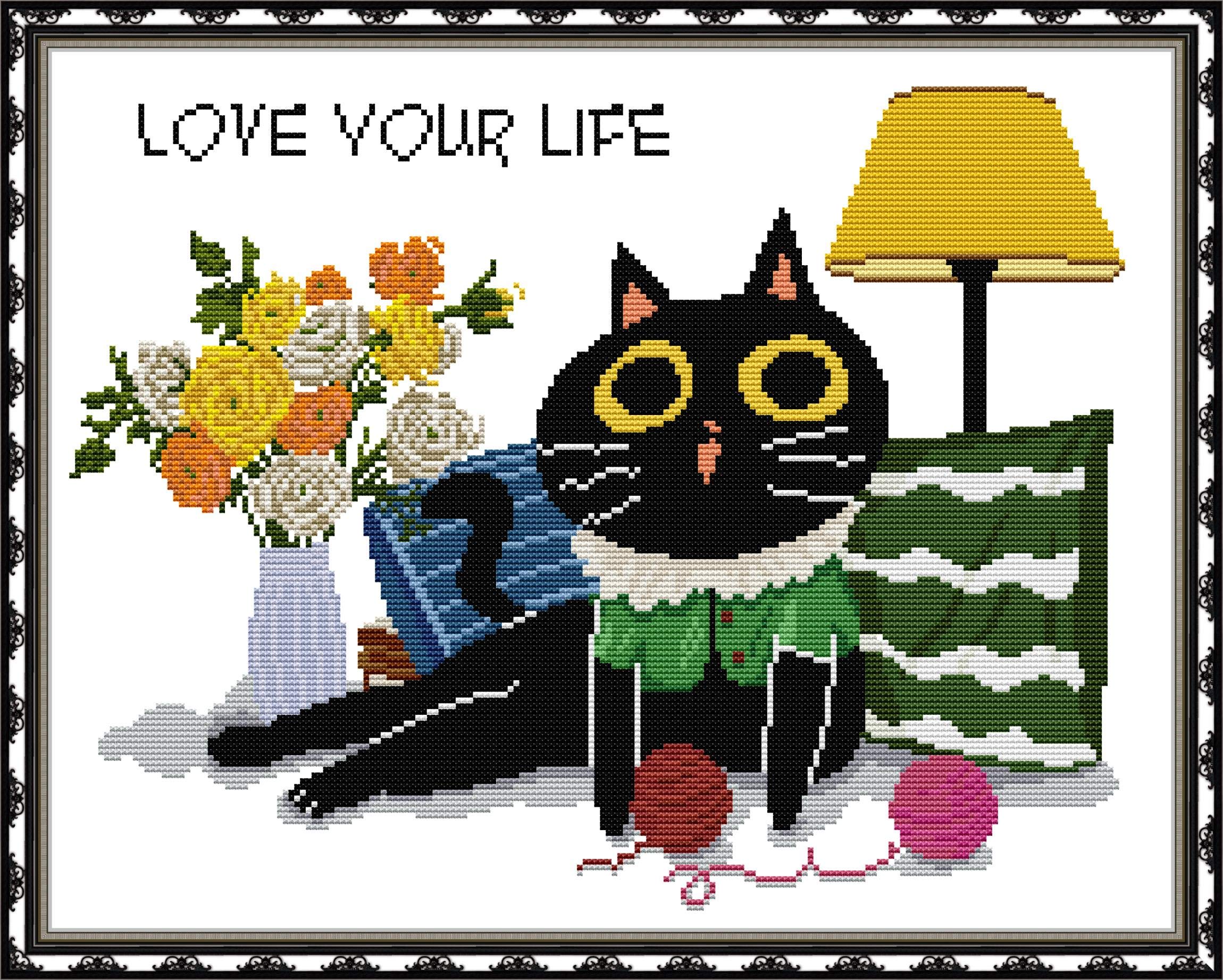 Amazon.co.jp: OWN4B クロスステッチ刺繍キット図案印刷、11ct 黒猫